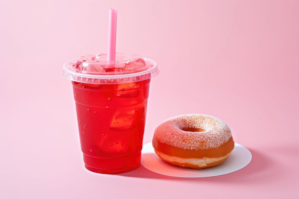 Plastic cup donut drink food.