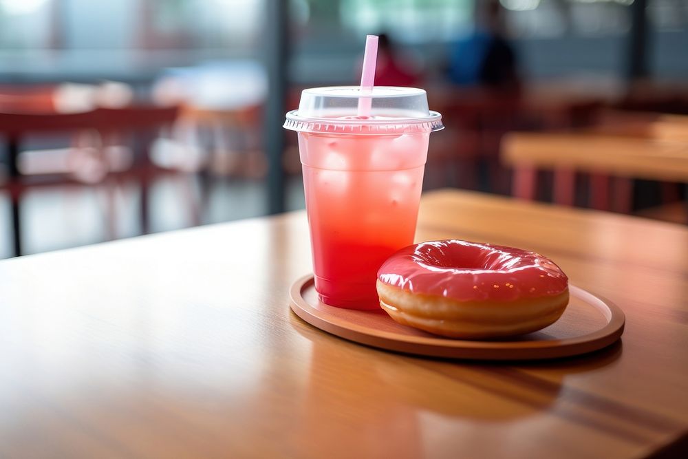 Clear plastic cup have a red soda water table ketchup food.