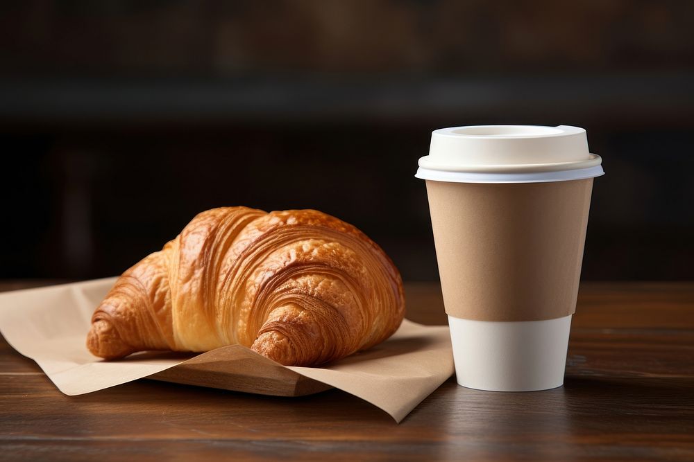 Coffee paper cup croissant bread table.