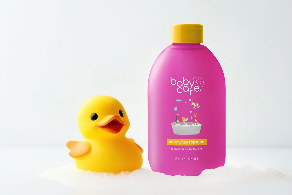 Pink baby shampoo bottle mockup psd