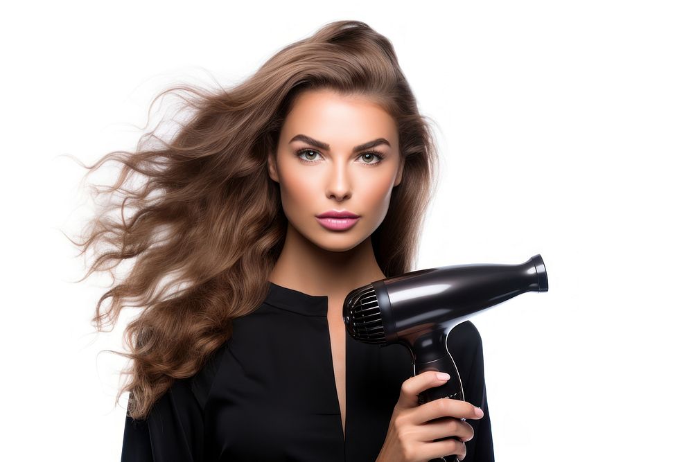Hair dresser holding hair dryer white background perfection hairstyle.