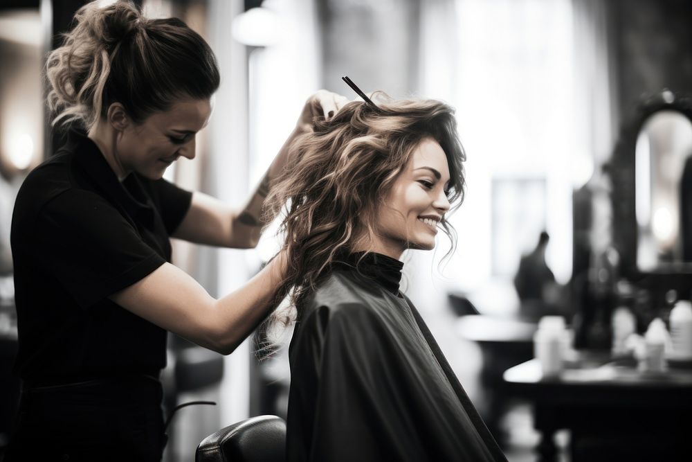 Hair dresser styling hair customer adult hairdresser.