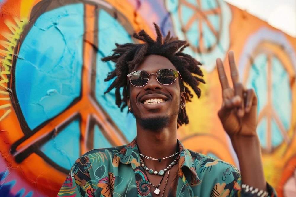 Hippie black man with two finger glasses person smile.