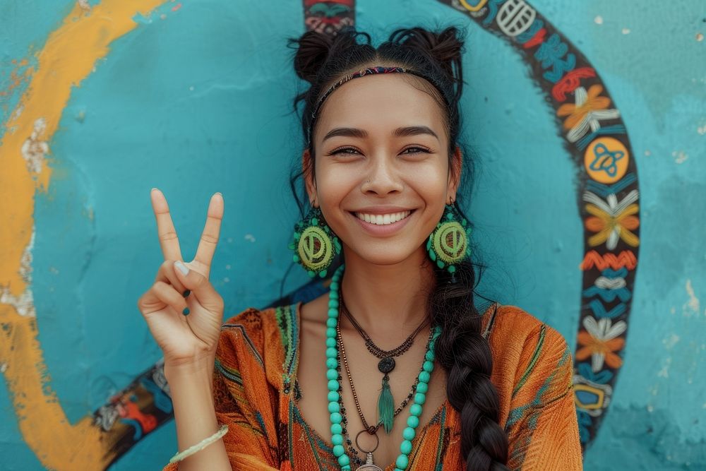 Hippie thai woman with two finger necklace jewelry person.