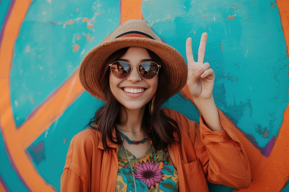Hippie thai woman with two finger portrait person smile.