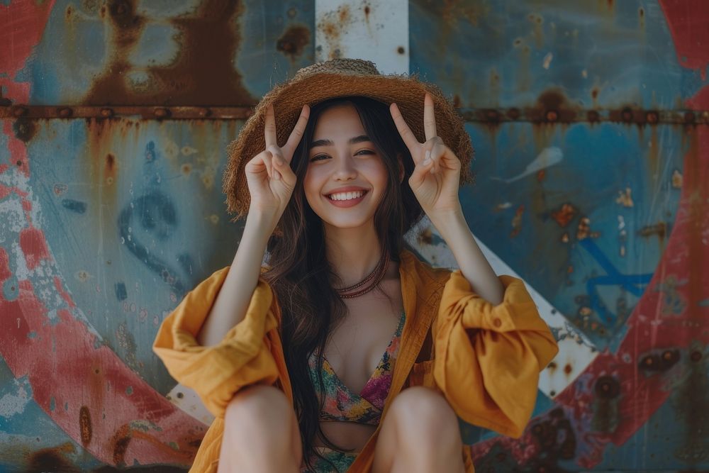 Hippie thai woman with two finger laughing person smile.