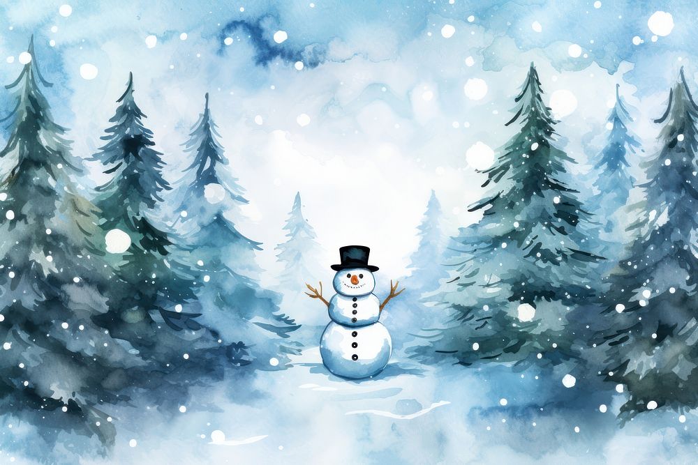 Christmas tree watercolor background snowman christmas outdoors.