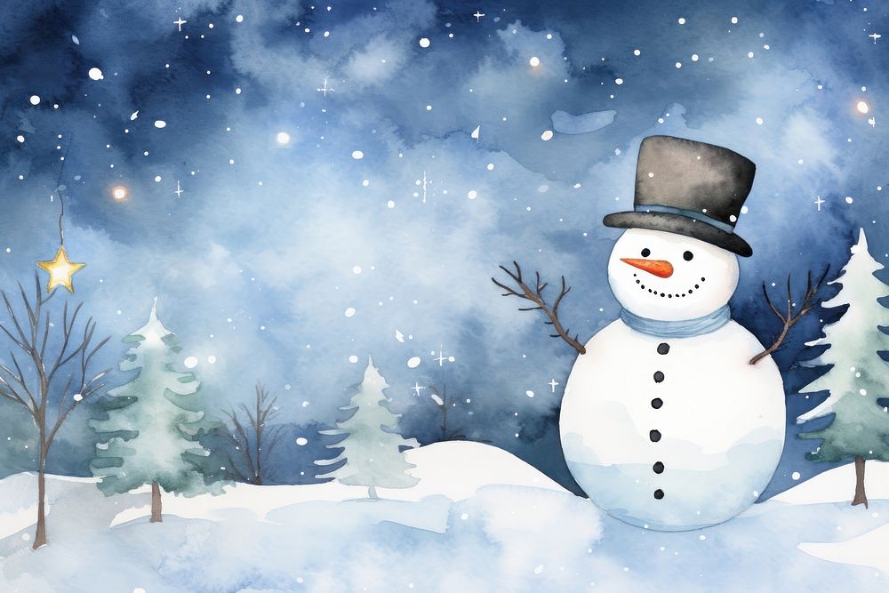 Snowman watercolor background outdoors winter nature.