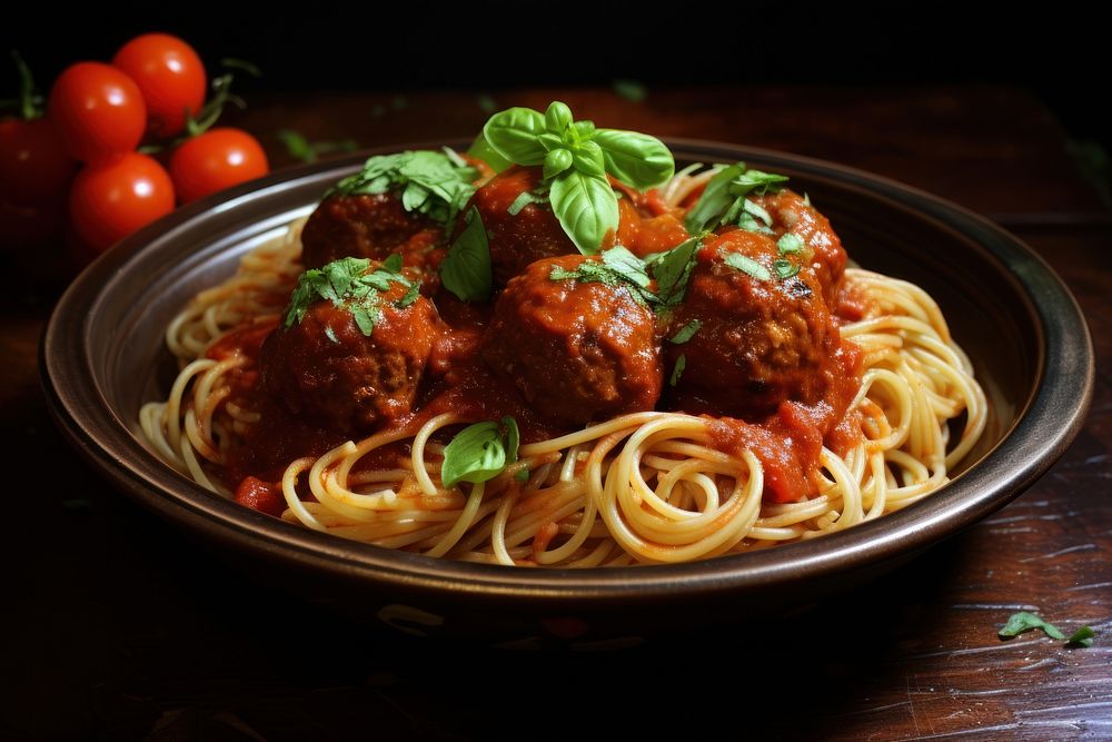Spaghetti meat meatball tomato.