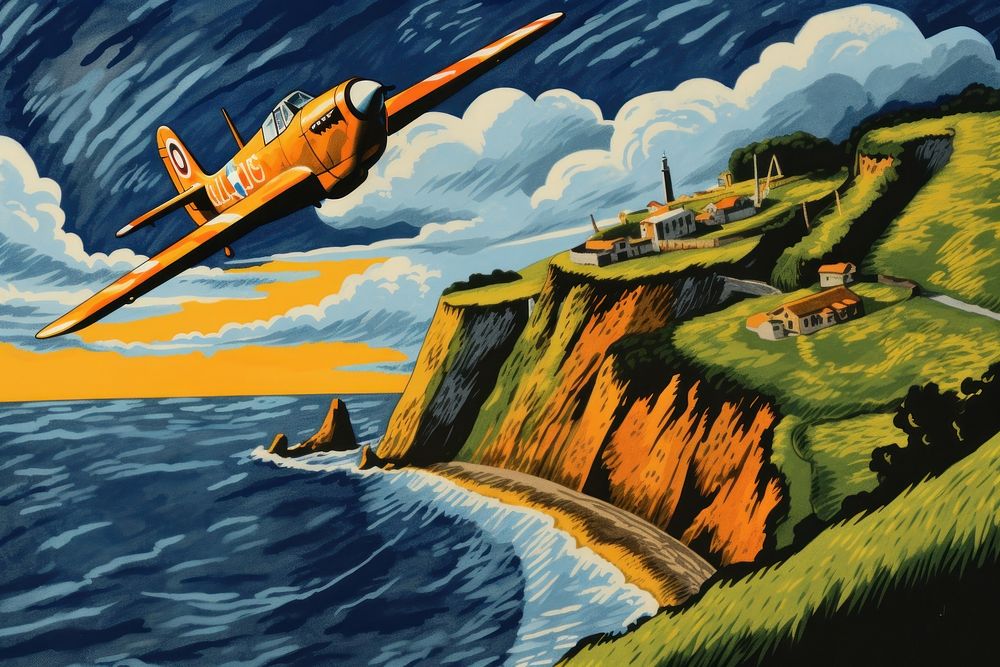 Spitfire flying over dover cliff aircraft airplane outdoors.