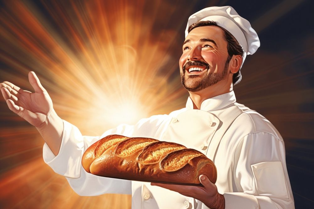 Chef holding a fresh baked bread chef baguette adult.