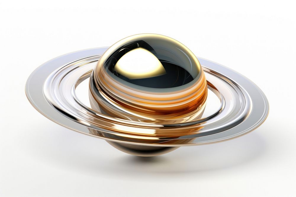 3d render of a saturn in surreal abstract style jewelry metal white background.