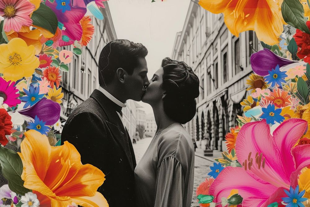 Collage of a couple kissing flower architecture wedding.