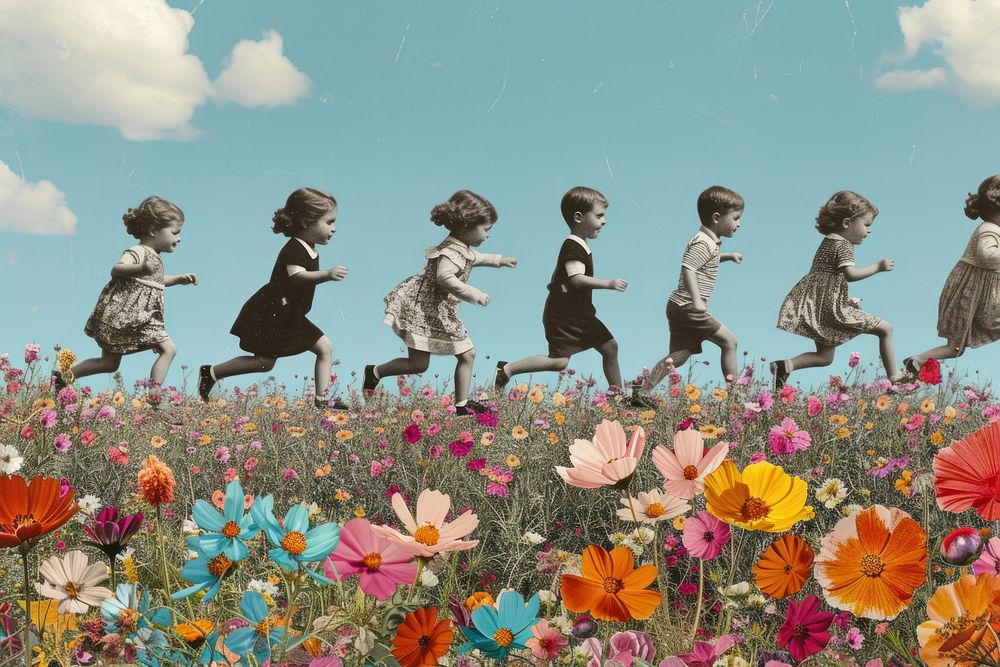 Collage of kids running flower field outdoors.