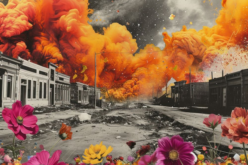 Paper collage of city landscape explosion flower art.