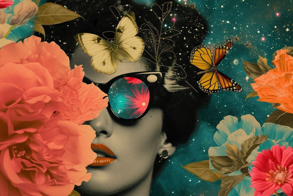 Collage of jazz singer flower art sunglasses.
