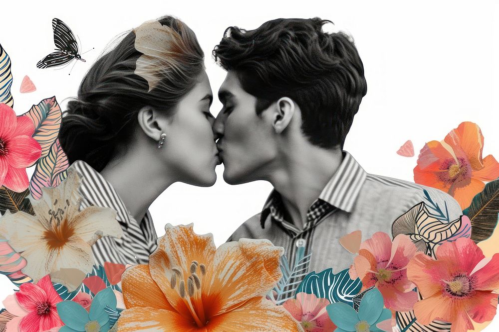 Paper collage of people kissing flower portrait fashion.