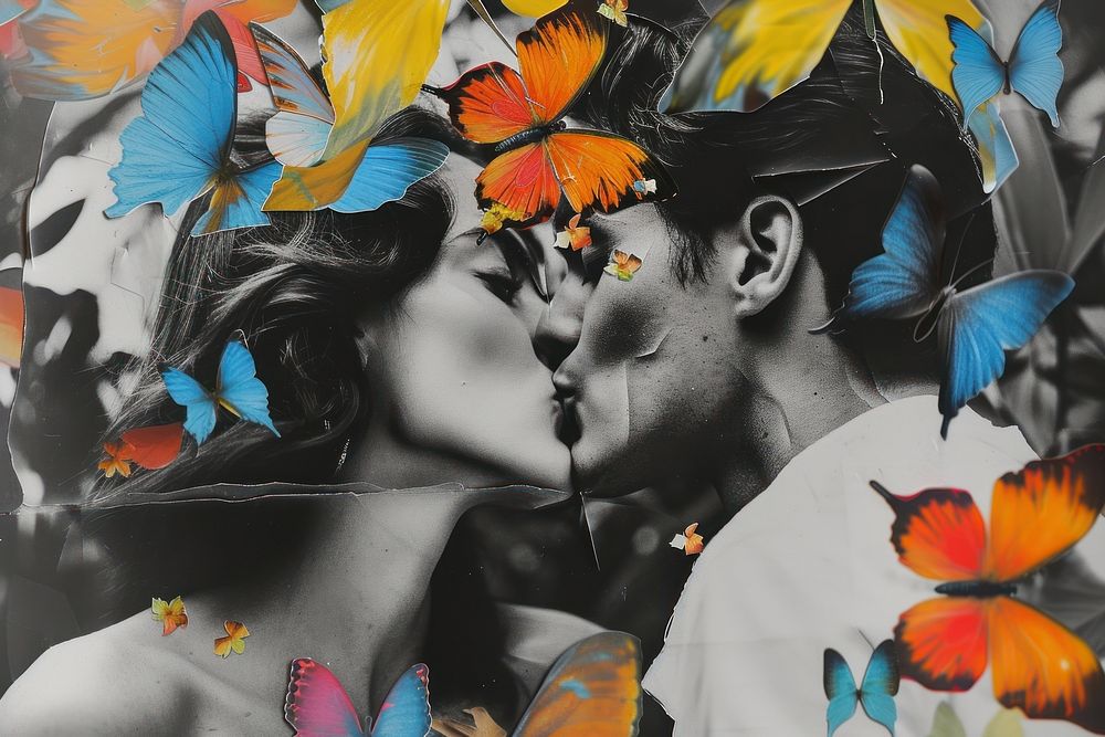 Paper collage of people kissing art flower adult.
