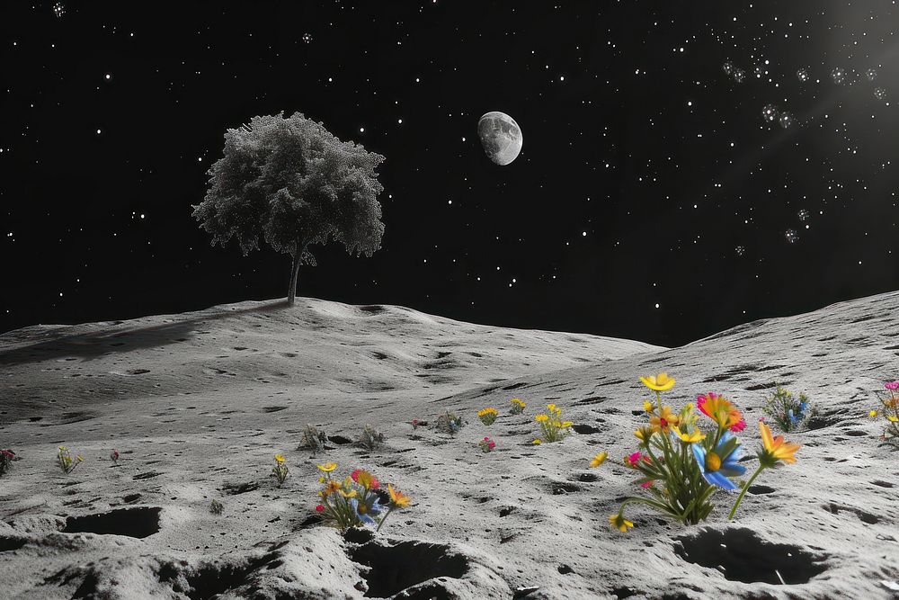 Paper collage of the big tree flower moon landscape.