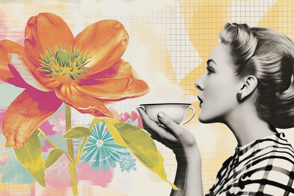 Paper collage of a woman flower art portrait.