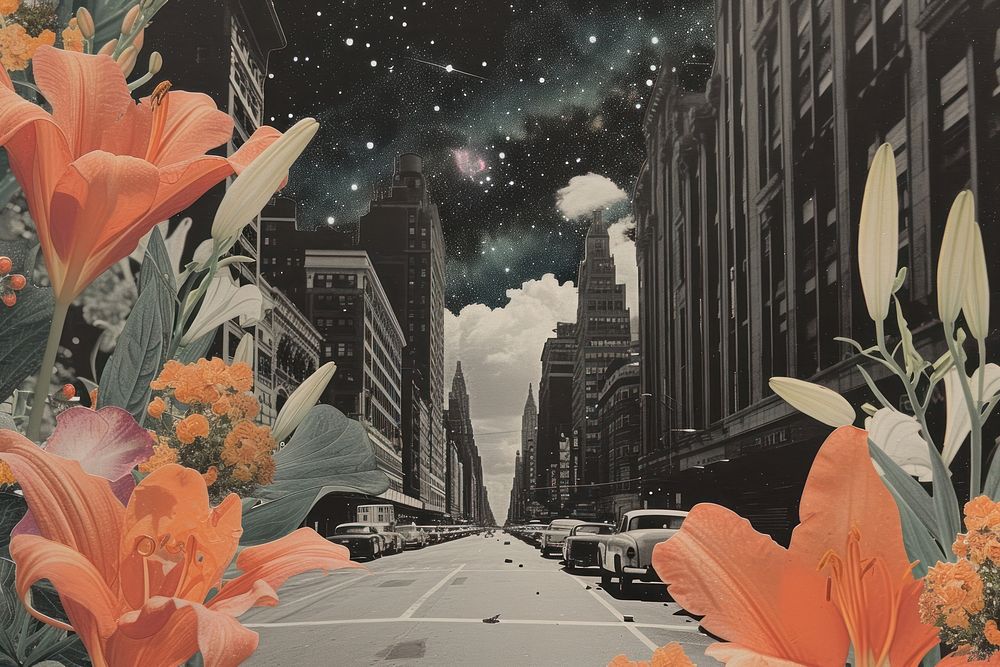 Paper collage of city landscape flower architecture outdoors.