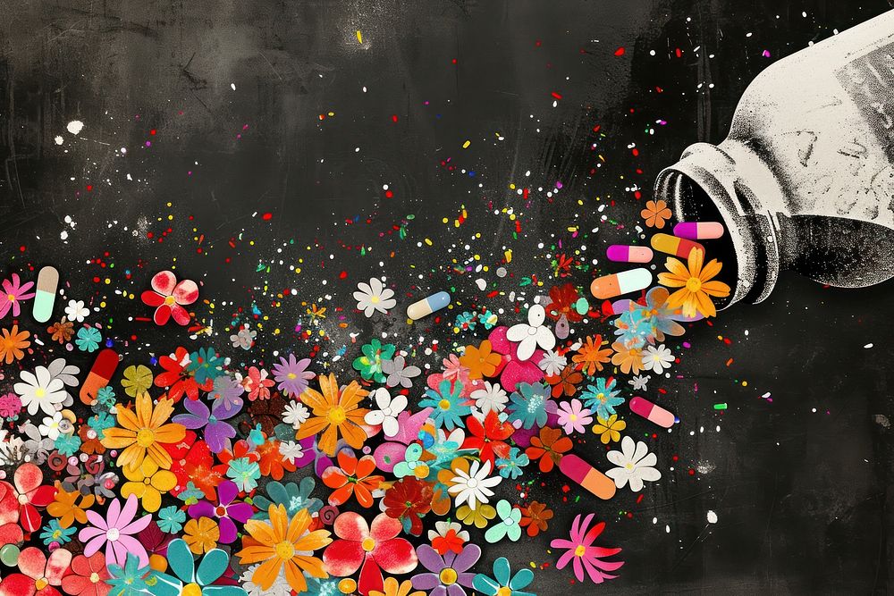 Paper collage of drugs confetti flower art.
