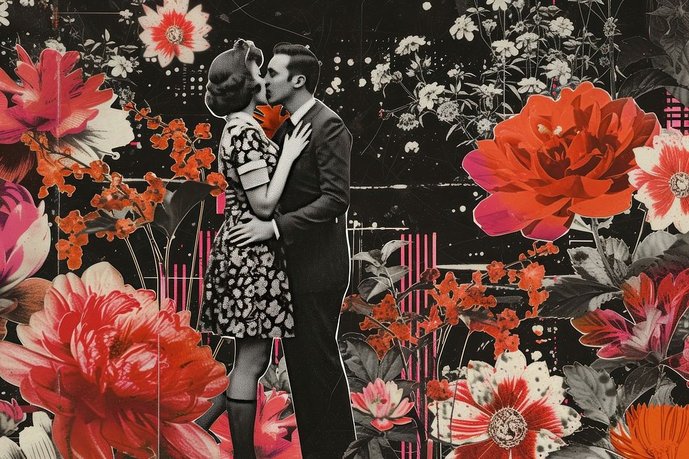 Paper collage of people kissing flower art pattern.