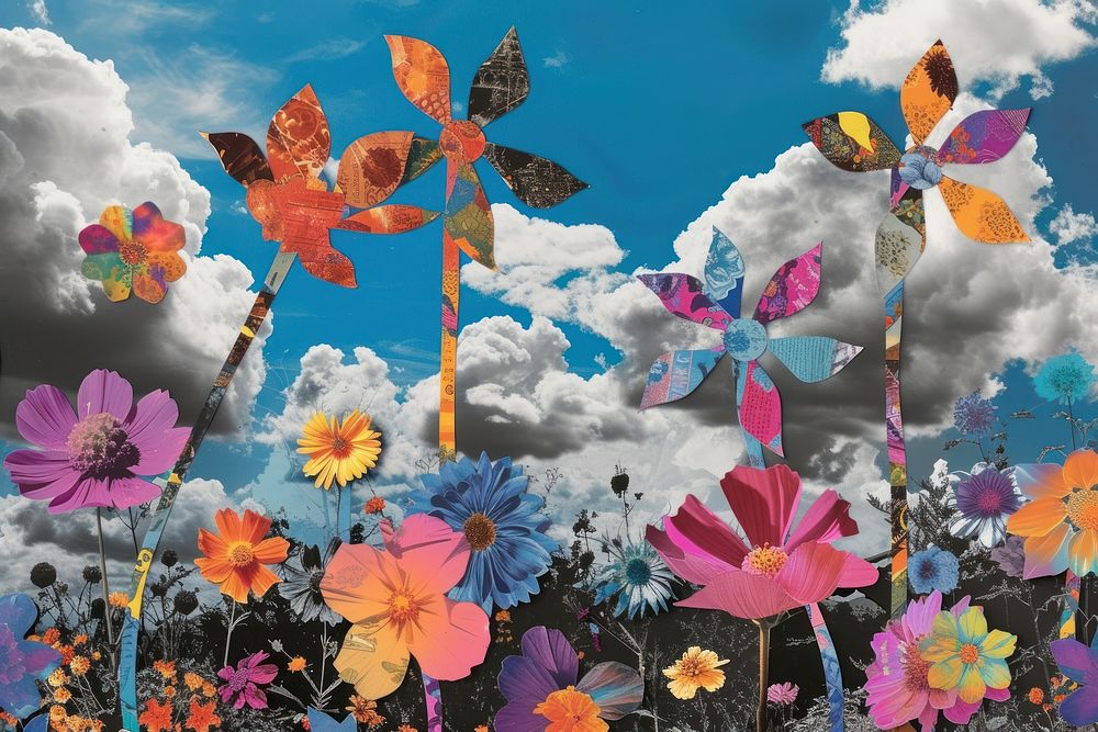 Paper collage of paper windmills flower sky art.