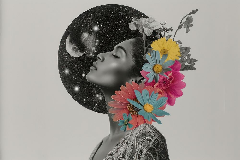 Collage of the moon in galaxy flower art portrait.
