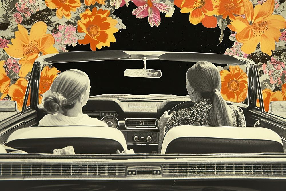 Paper collage of teenagers car vehicle driving.