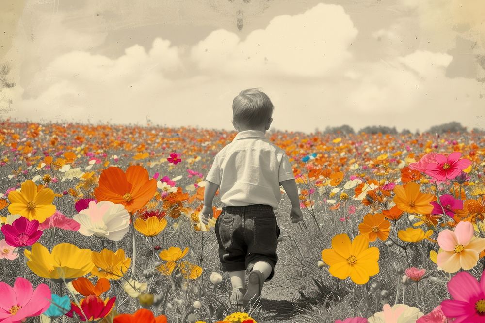 Collage of kid running flower field landscape.