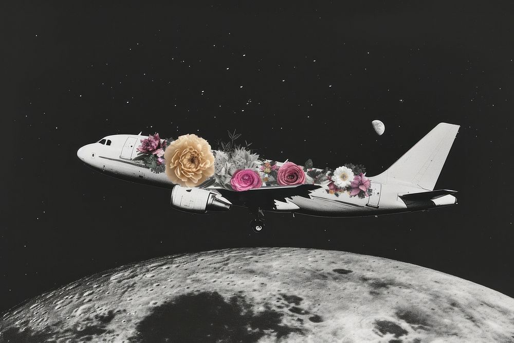 Paper collage of airplane flower astronomy airliner.