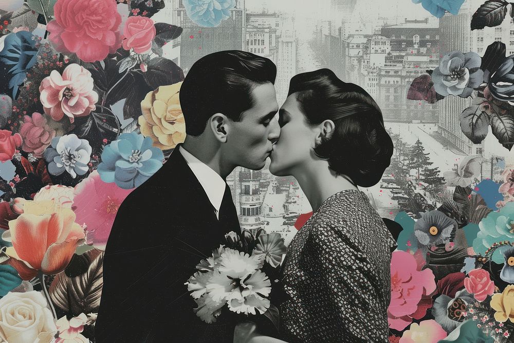 Paper collage of people kissing flower fashion adult.