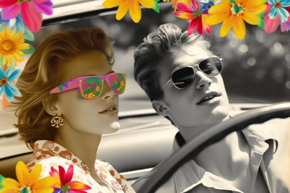 Paper collage of teenagers flower sunglasses portrait.