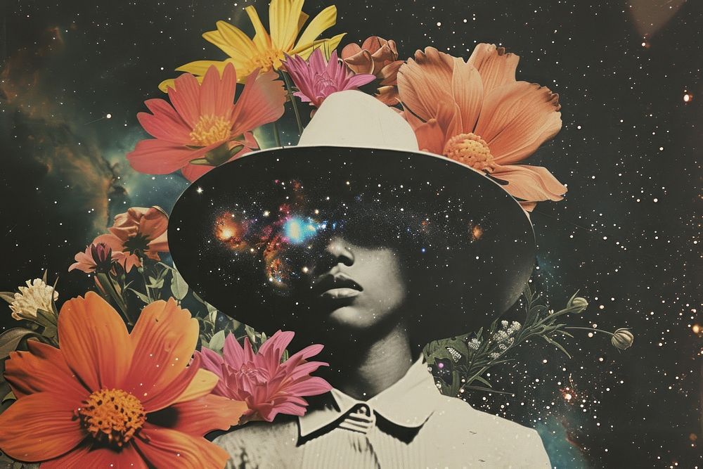 Collage of jazz singer flower art portrait.