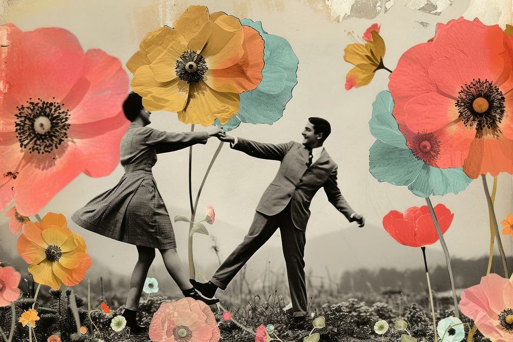 Paper collage of couple dancing flower plant adult.