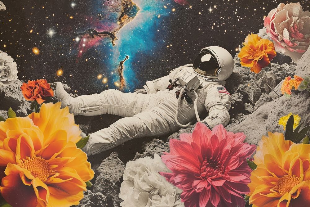 Paper collage of astronaut flower art astronomy.