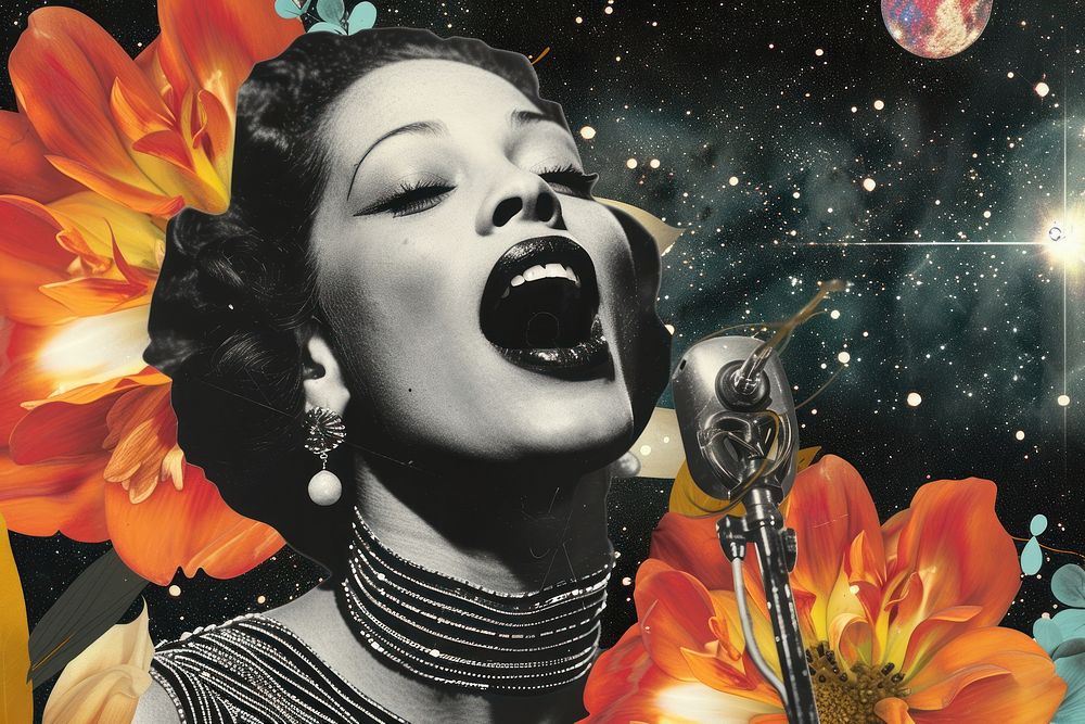 Collage of jazz singer flower portrait photo.