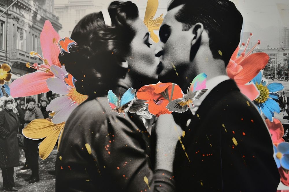 Paper collage of people kissing flower adult photo.