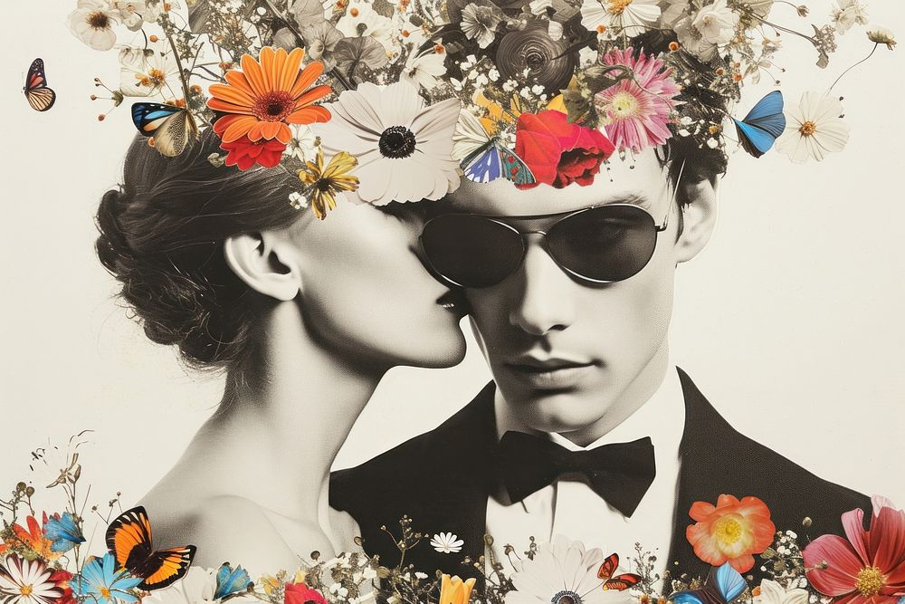 Paper collage of wedding flower art sunglasses.