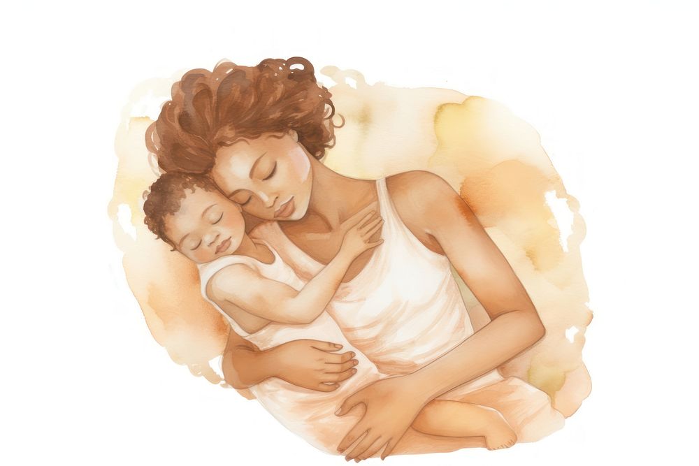 Mother with baby sleeping portrait art.
