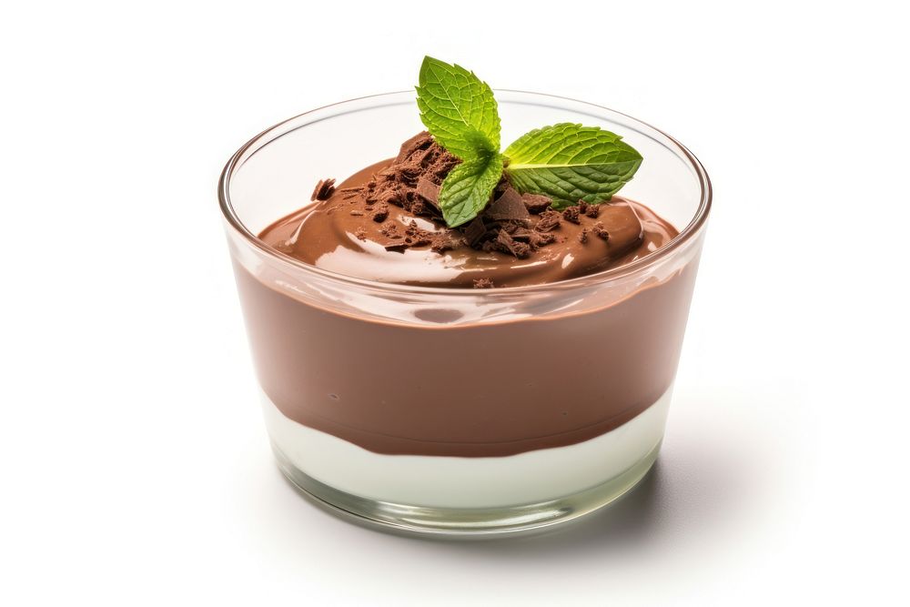 Chocolate pudding dessert food white background.