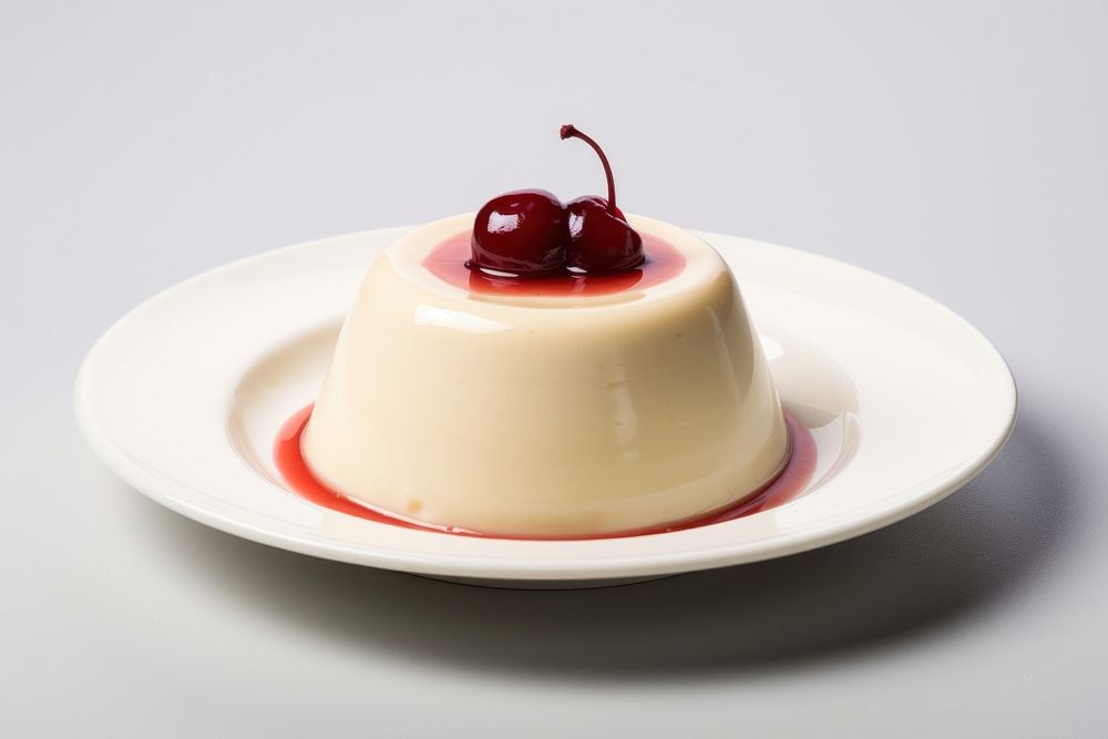 Pudding on dish dessert cream fruit.