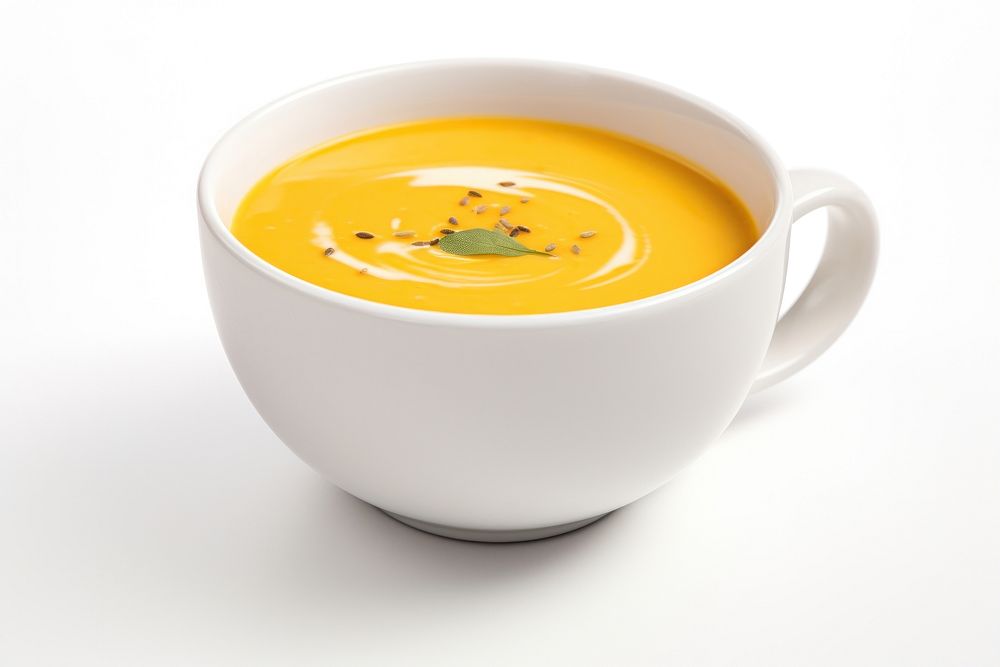 Pumpkin soup in cup food bowl dish.
