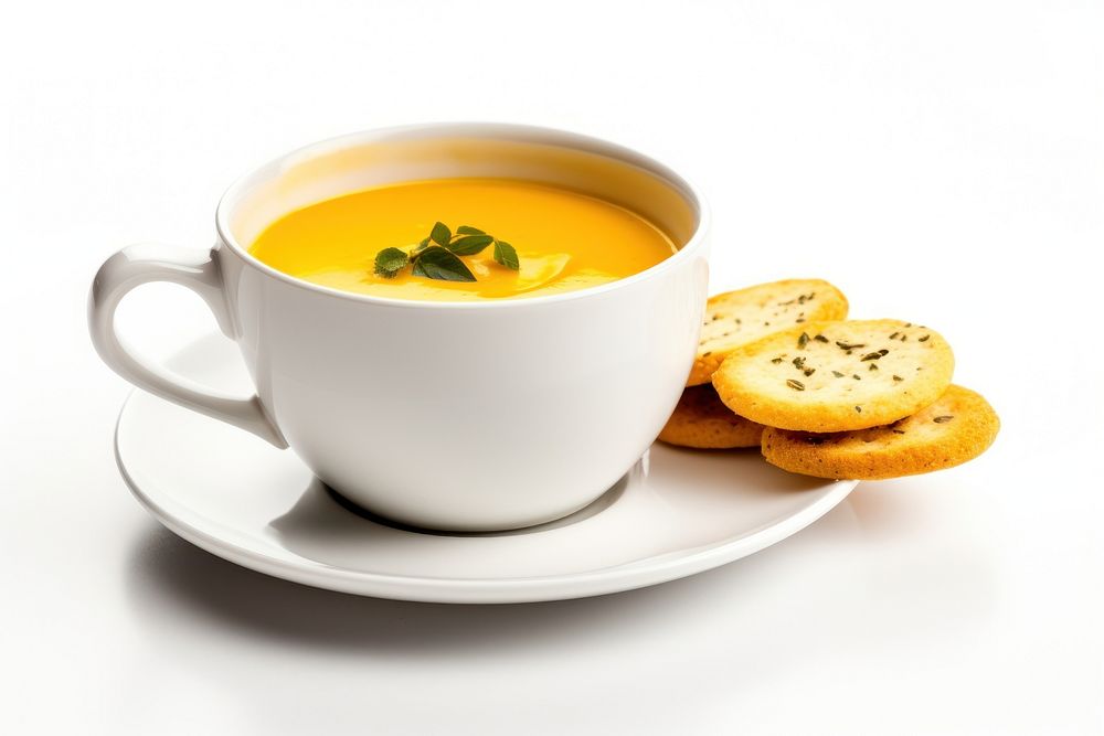Pumpkin soup in cup saucer drink food.