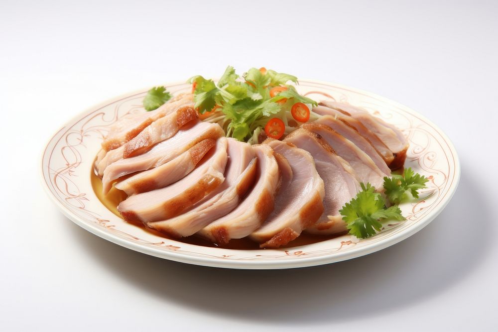 Photo of pork on dish plate meat food.