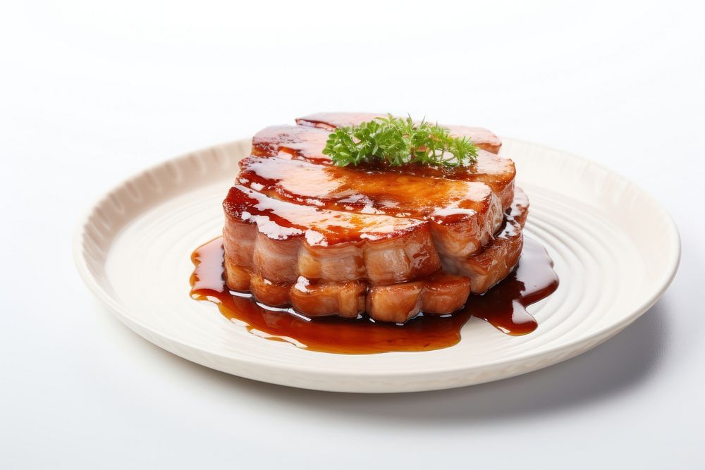 Photo of pork on dish plate food meat.