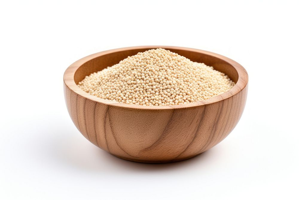 Quinoa on wood bowl seasoning food white background.