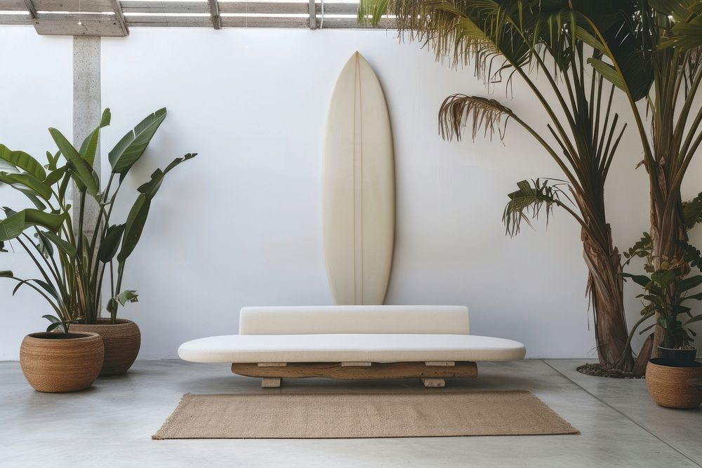 Photo of a surfboard furniture plant sea.