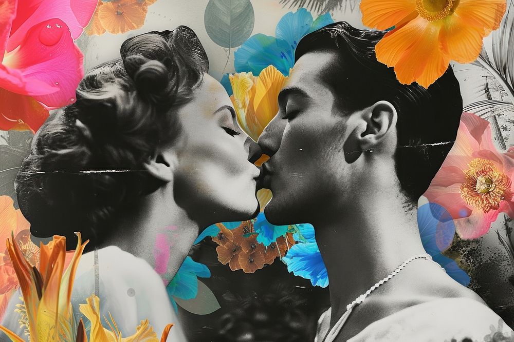 Collage of a couple kissing flower adult plant.